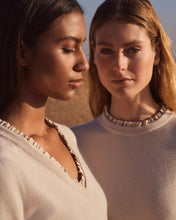 Load image into Gallery viewer, N.Peal Women's Ruffle Trim V Neck Cashmere Jumper Almond White
