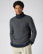 Load image into Gallery viewer, N.Peal Men's Stitch Pattern Roll Neck Cashmere Jumper Grigio Blue