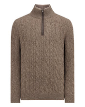 Load image into Gallery viewer, N.Peal Men's Fur Trim Half Zip Cashmere Jumper Heather Hazel Brown