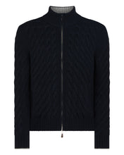 Load image into Gallery viewer, N.Peal Men's Hammersmith Cable Full Zip Cashmere Jumper Navy Blue