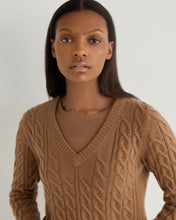 Load image into Gallery viewer, N.Peal Women's Frankie Cable V Neck Cashmere Jumper Dark Camel Brown