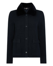 Load image into Gallery viewer, N.Peal Women's Herringbone Cashmere Jacket with Fur Trim Navy Blue