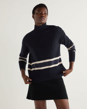 Load image into Gallery viewer, N.Peal Women's Stripe Mock Neck Cashmere Jumper With Lurex Navy Blue