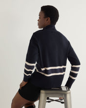 Load image into Gallery viewer, N.Peal Women's Stripe Mock Neck Cashmere Jumper With Lurex Navy Blue