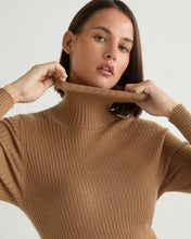 Load image into Gallery viewer, N.Peal Women's Superfine Cashmere Ribbed Roll Neck Jumper Dark Camel Brown