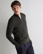 Load image into Gallery viewer, N.Peal Men's Temple Jacquard Half Zip Cashmere Jumper Arabica Khaki Green