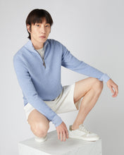 Load image into Gallery viewer, N.Peal Men's Diagonal Stripe Half Zip Cashmere Jumper Cornflower Blue