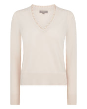 Load image into Gallery viewer, N.Peal Women's Ruffle Trim V Neck Cashmere Jumper Almond White
