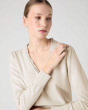 Load image into Gallery viewer, N.Peal Women's Ruffle Trim V Neck Cashmere Jumper Almond White