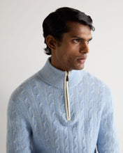 Load image into Gallery viewer, N.Peal Men's Two Tone Cable Half Zip Cashmere Jumper Cornflower Blue