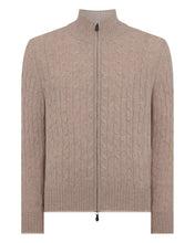 Load image into Gallery viewer, N.Peal Men's Contrast Cable Full Zip Cashmere Jumper Oatmeal Brown