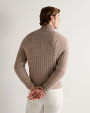 Load image into Gallery viewer, N.Peal Men's Contrast Cable Full Zip Cashmere Jumper Oatmeal Brown