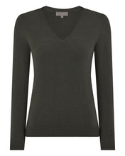 Load image into Gallery viewer, N.Peal Women's Phoebe V Neck Cashmere Jumper Arabica Khaki Green