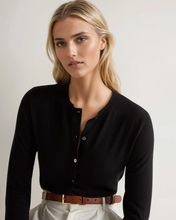 Load image into Gallery viewer, N.Peal Women's Superfine Cashmere Round Neck Cardigan Black