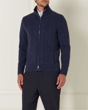 Load image into Gallery viewer, Men's Cable Zip Through Cashmere Jacket Hurricane Blue + Navy Blue