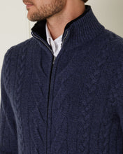Load image into Gallery viewer, Men's Cable Zip Through Cashmere Jacket Hurricane Blue + Navy Blue