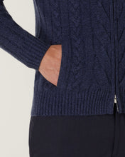 Load image into Gallery viewer, Men's Cable Zip Through Cashmere Jacket Hurricane Blue + Navy Blue