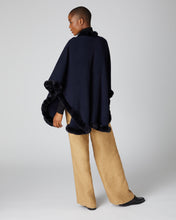 Load image into Gallery viewer, Cashmere Cape with Fur Trim Edge Navy Blue + Navy Blue Fur