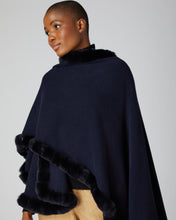 Load image into Gallery viewer, Cashmere Cape with Fur Trim Edge Navy Blue + Navy Blue Fur