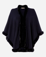 Load image into Gallery viewer, Cashmere Cape with Fur Trim Edge Navy Blue + Navy Blue Fur