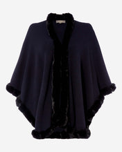 Load image into Gallery viewer, Cashmere Cape with Fur Trim Edge Navy Blue + Navy Blue Fur