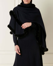 Load image into Gallery viewer, Cashmere Cape with Fur Trim Edge Navy Blue + Navy Blue Fur