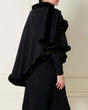 Load image into Gallery viewer, Cashmere Cape with Fur Trim Edge Navy Blue + Navy Blue Fur