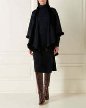 Load image into Gallery viewer, Cashmere Cape with Fur Trim Edge Navy Blue + Navy Blue Fur