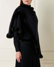 Load image into Gallery viewer, Cashmere Cape with Fur Trim Edge Navy Blue + Navy Blue Fur