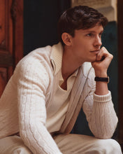 Load image into Gallery viewer, N.Peal Men&#39;s Contrast Cable Full Zip Cashmere Jumper Ecru White

