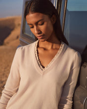 Load image into Gallery viewer, N.Peal Women&#39;s Ruffle Trim V Neck Cashmere Jumper Almond White
