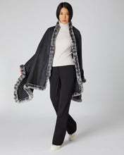 Load image into Gallery viewer, N.Peal Women&#39;s Fur Trim Woven Cashmere Shawl Dark Charcoal Grey

