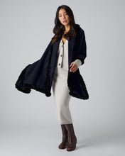 Load image into Gallery viewer, N.Peal Women&#39;s Meribel Woven Fur Trim Cashmere Shawl Navy Blue
