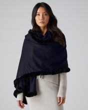 Load image into Gallery viewer, N.Peal Women&#39;s Meribel Woven Fur Trim Cashmere Shawl Navy Blue
