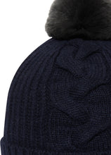 Load image into Gallery viewer, N.Peal Women&#39;s Fur Bobble Cable Hat Navy Blue
