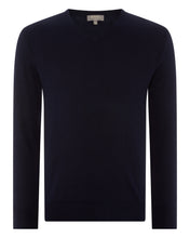 Load image into Gallery viewer, N.Peal Men's Conduit Fine Gauge Cashmere V Neck Jumper Navy Blue
