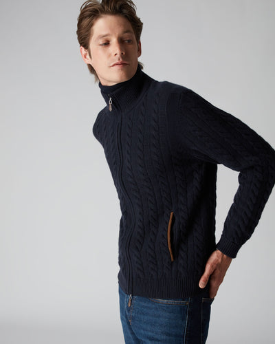 N.Peal Men's Richmond Cable Cashmere Cardigan Navy Blue