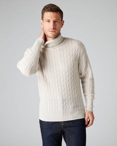 N.Peal Men's Classic Cable Roll Neck Cashmere Jumper Snow Grey
