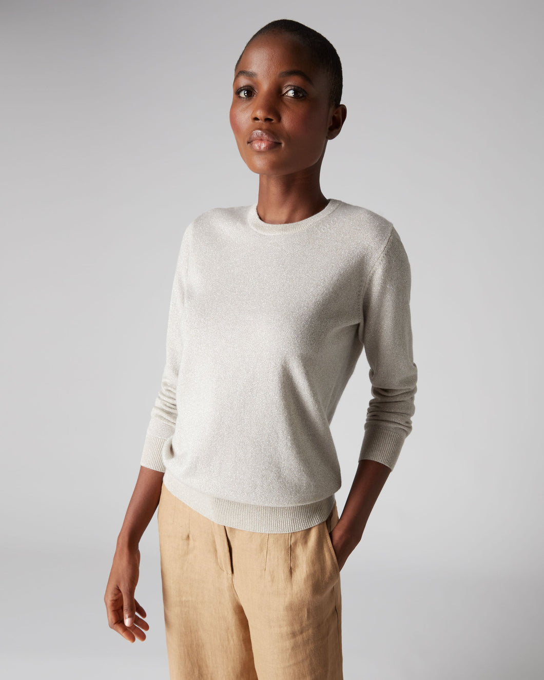 N.Peal Women's Round Neck Jumper With Lurex Ecru White Sparkle