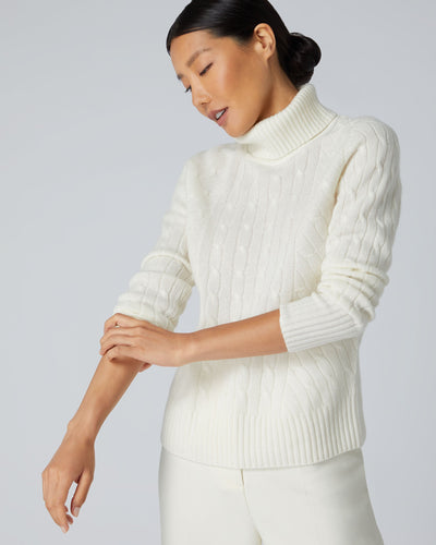 N.Peal Women's Cable Roll Neck Cashmere Jumper New Ivory White