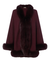 Load image into Gallery viewer, N.Peal Women&#39;s Fox Trim Knitted Cape Mulled Wine Red
