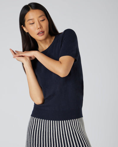 N.Peal Women's Round Neck Cashmere T Shirt Navy Blue