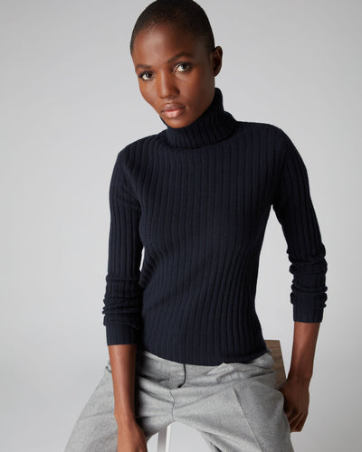 N.Peal Women's Ribbed Roll Neck Cashmere Jumper Navy Blue