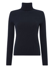 Load image into Gallery viewer, N.Peal Women&#39;s Ribbed Roll Neck Cashmere Jumper Navy Blue
