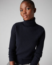 Load image into Gallery viewer, N.Peal Women&#39;s Ribbed Roll Neck Cashmere Jumper Navy Blue
