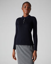 Load image into Gallery viewer, N.Peal Women&#39;s Superfine Collared Rib Cashmere Jumper Navy Blue
