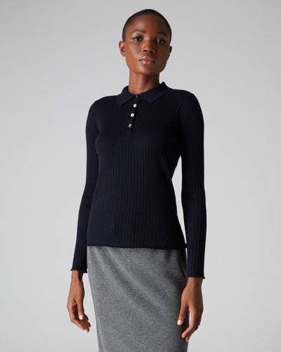 N.Peal Women's Superfine Collared Rib Cashmere Jumper Navy Blue