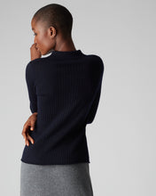 Load image into Gallery viewer, N.Peal Women&#39;s Superfine Collared Rib Cashmere Jumper Navy Blue
