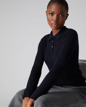 Load image into Gallery viewer, N.Peal Women&#39;s Superfine Collared Rib Cashmere Jumper Navy Blue
