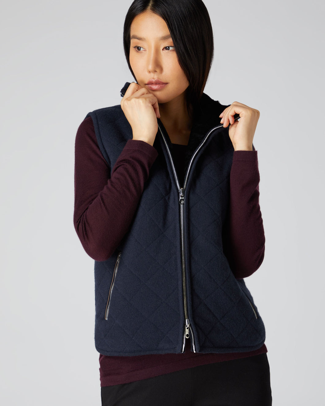 N.Peal Women's Shearling Diamond Padded Gilet Navy Blue